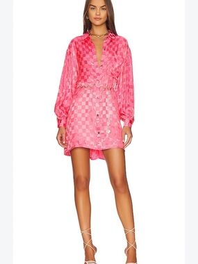 Jen's Pirate Booty Hot Pink Checker Satin Mini Shirt Dress
